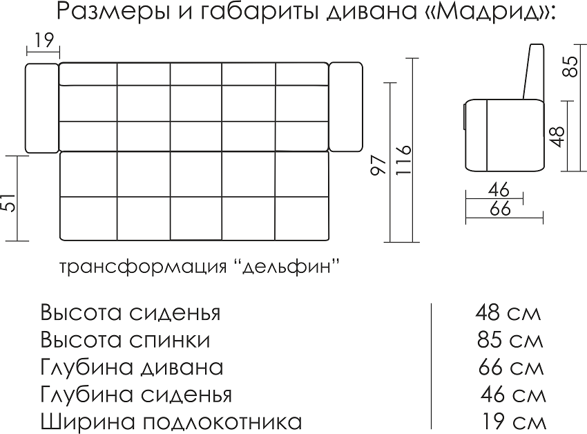 Длина ширина высота дивана