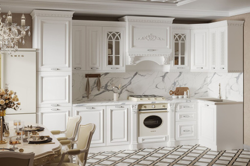Кухонный гарнитур Монако угловая 3,60*1,20 3,00*1,20+ПД600 Белый, Мрамор Белый 38мм