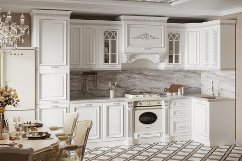 Кухонный гарнитур Монако угловая 3,60*1,20 3,00*1,20+ПД600 Белый Серебро Паладина светлая 38 мм