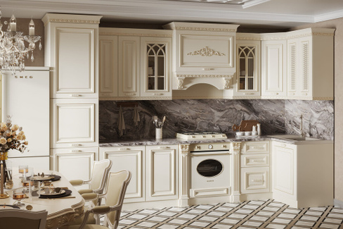 Кухонный гарнитур Монако угловая 3,60х1,20 3,00х1,20+ПД600 Крем Золото Марцена 38 мм