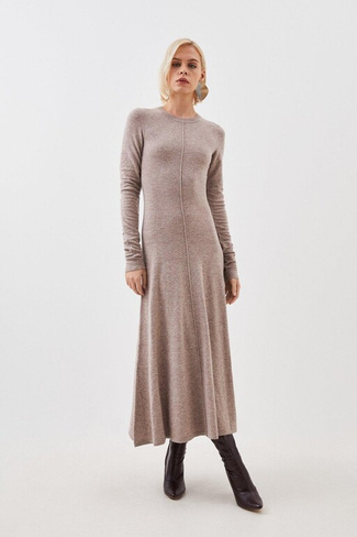 Платье миди из кашемировой шерсти с круглым вырезом и рюшами и рукавами Karen Millen, бежевый