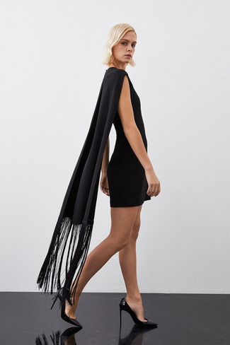 Тканое мини-платье с накидкой с бахромой Karen Millen, черный