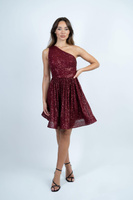 Платье плиссированной юбки с пайетками на одно плечо Wine Skirt and Stiletto, красный