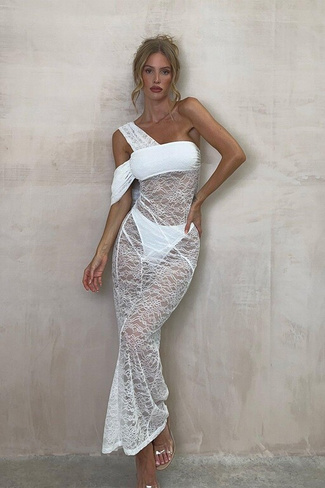 Кружевное прозрачное платье макси с открытыми плечами и вставками из брюк MISSPAP, белый