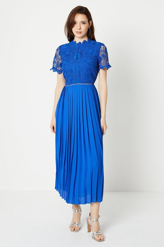 Платье со складками и кружевным лифом с высоким воротником и цветочным принтом Coast, синий