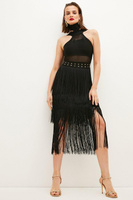 Вязаное платье миди с сетчатой ​​вставкой и бахромой с заклепками и воротником-халтер Karen Millen, черный