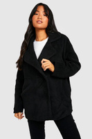 Двубортное плюшевое пальто Petite boohoo, черный