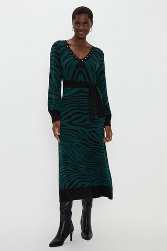 Трикотажное платье с поясом и тигровым принтом Wallis, зеленый