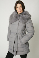 Пальто с воротником из искусственного меха и поясом Debenhams, серый