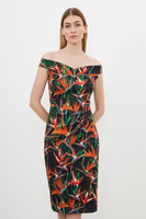 Приталенное платье миди с принтом тропических лилий и хлопковым сатиновым вырезом с открытыми плечами Karen Millen, муль