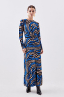 Миниатюрное облегающее трикотажное платье макси из вискозы с разрезом Karen Millen, синий