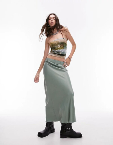 Атласная юбка макси с эластичным поясом Topshop цвета морской волны