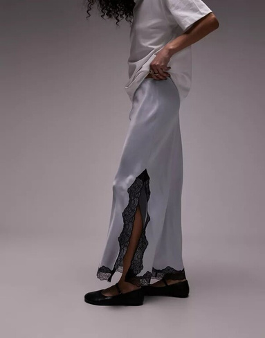 Асимметричная атласная юбка миди Topshop синего цвета с черной кружевной отделкой