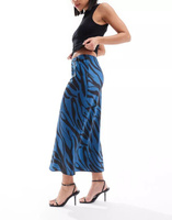 Синяя атласная юбка миди асимметричной формы с зебровым принтом ASOS