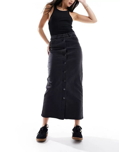 Черная джинсовая юбка макси на пуговицах Object