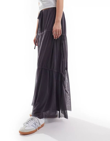 Темно-серая сетчатая юбка макси с многоярусными рюшами ASOS