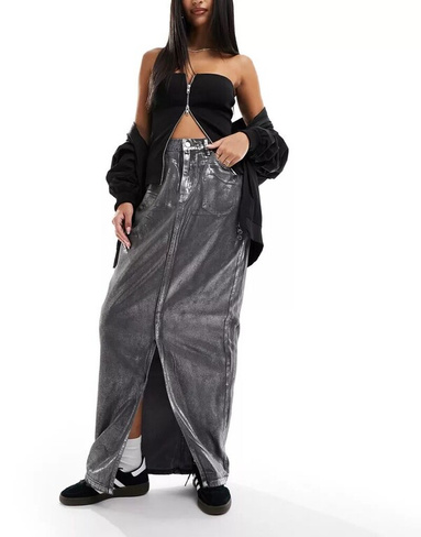 Джинсовая юбка макси с разрезом Liquor N Poker серебристого металлика