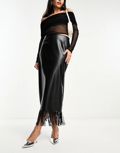 Черная длинная юбка с бахромой из искусственной кожи ASOS