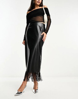 Черная длинная юбка с бахромой из искусственной кожи ASOS