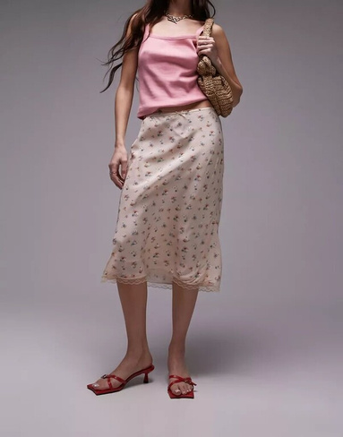 Розовая юбка Topshop длины 90-х с асимметричным подолом, цветочным принтом и винтажным кружевом