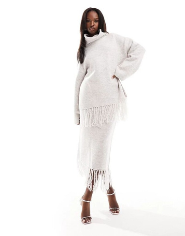 NA-KD – Трикотажная юбка макси серо-бежевого цвета с бахромой по низу, комбинированная деталь