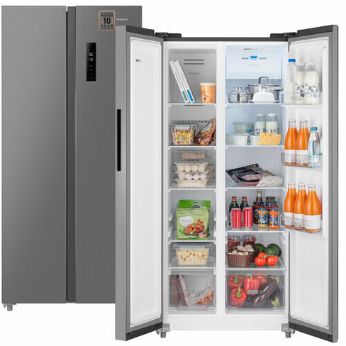 Отдельностоящий холодильник с инвертором Weissgauff WSBS 500 Inverter NoFrost Inox Side by Side двухдверный, 3 года гара