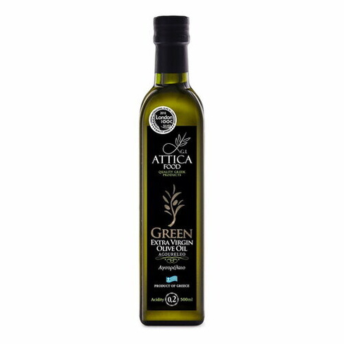 Oливковое масло Attica Food GREEN 500мл, нефильтрованное, кислотность 0,2% (Греция, Пелопоннес, Extra Virgin, стекло) AT