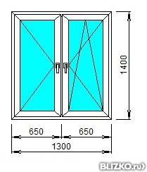 Окно ПВХ четырехкамерное Prowin 1300x1400 двустворчатое