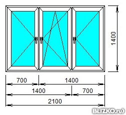 Окно пластиковое двухкамерное Exprof 1400x2100 трехстворчатое