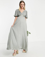 Оливковое платье макси с плиссированными рукавами и атласной запахом на талии ASOS DESIGN Maternity Bridesmaid
