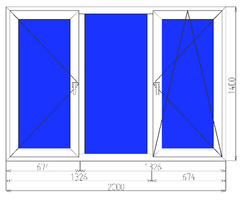 Окно трехкамерное 2000*1400 трехстворчатое тонированное, синее
