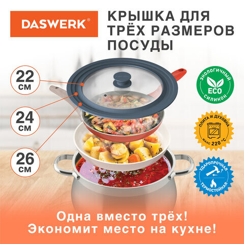 Крышка для любой сковороды и кастрюли универсальная 3 размера 22-24-26 см антрацит DASWERK 607586