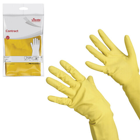 Перчатки хозяйственные резиновые VILEDA Контракт с х/б напылением размер XL очень большой желтые 102588