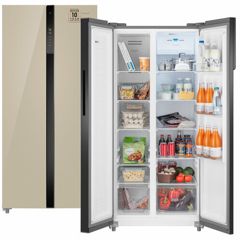 Отдельностоящий холодильник с инвертором Weissgauff WSBS 500 Inverter NoFrost Beige Glass Side by Side двухдверный, 3 го