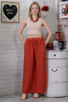 Женские светло-коричневые итальянские широкие льняные брюки с завязками на талии и детальными карманами и аппликациями C