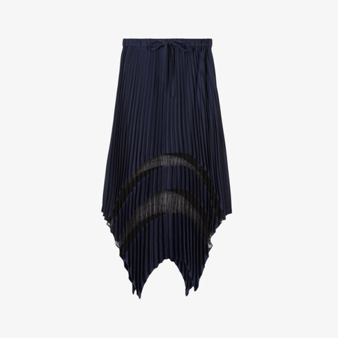 Плиссированная тканая юбка миди с асимметричным подолом и вышивкой кружевом The Kooples, синий