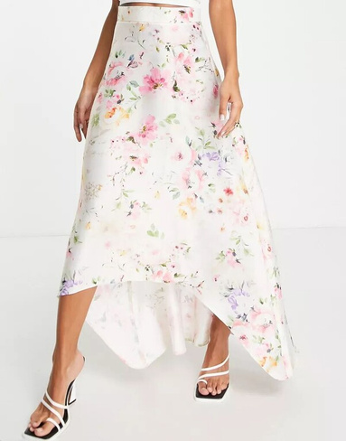 Асимметричная пышная юбка макси с атласным цветочным принтом ASOS