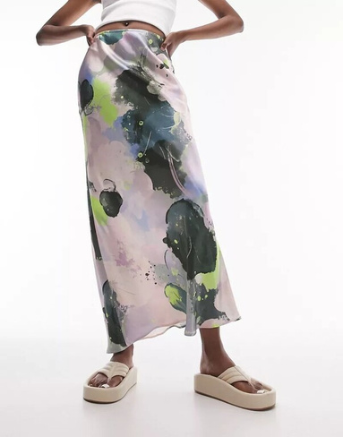 Асимметричная атласная юбка макси Topshop с ярким принтом граффити