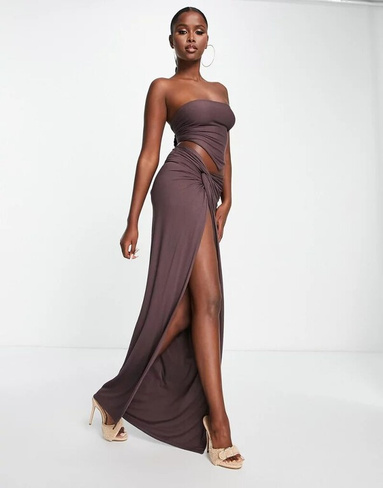 Naked Wardrobe – юбка макси коричневого цвета с завязками по бокам и высоким разрезом