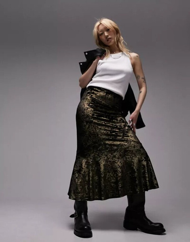 Бархатная юбка макси Topshop с эффектом металлик и золотого цвета «рыбий хвост»