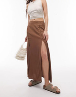 Шоколадно-коричневая юбка миди с разрезом и пуговицами Topshop