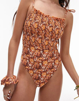 Купальник Topshop со сборками в коричневом цветочном принте, с завязками и резинкой для волос в тон