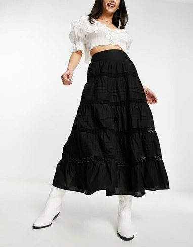 Черная ярусная хлопковая юбка макси в стиле бохо с кружевной вставкой Miss Selfridge