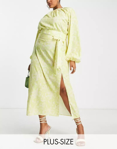 Зеленовато-желтая юбка миди с цветочным принтом и бантом Pretty Lavish Curve