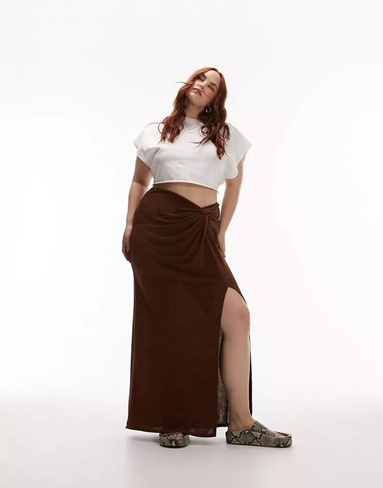 Шоколадная приталенная юбка макси с закрученным передом Topshop Curve